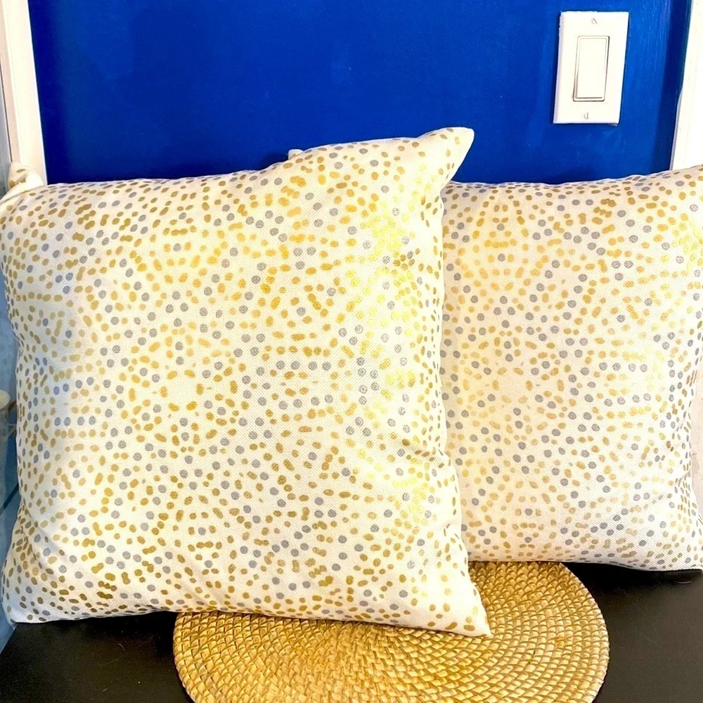 New Set of Two Gold Silver & White 100% Polyester Duck Feather Filled Pillows
